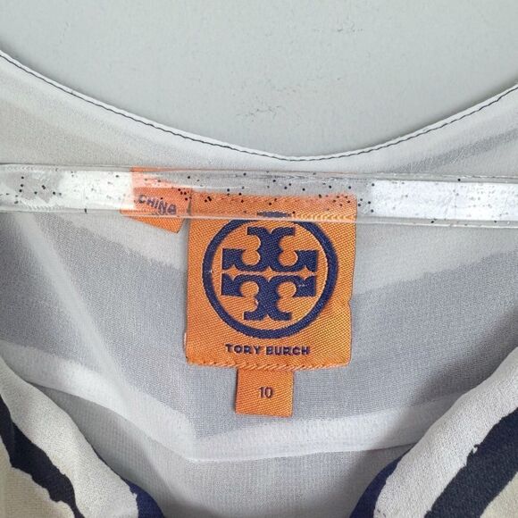 TORY BURCH | Silk Navy Blue, White, Beige, Black Striped Dress Women’s Size 10 - Picture 5 of 8